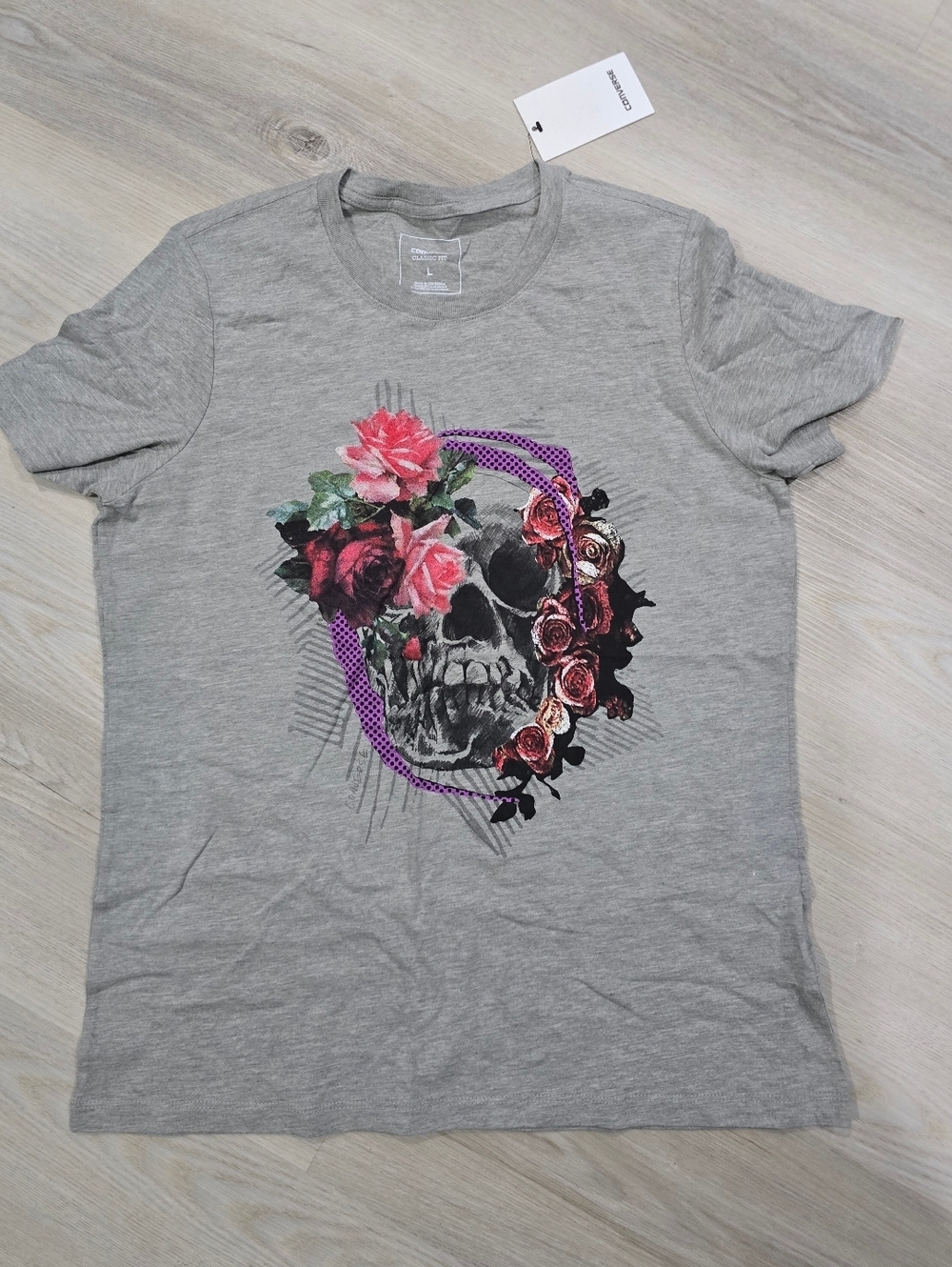 Converse Gray Tee with Floral Skull Graphic Tshirt Size L NWT